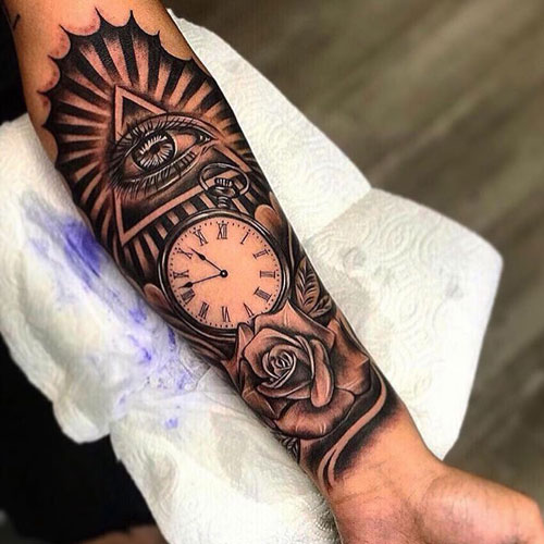 Idées impressionnantes de tatouage d'horloge rose demi-manche pour les gars