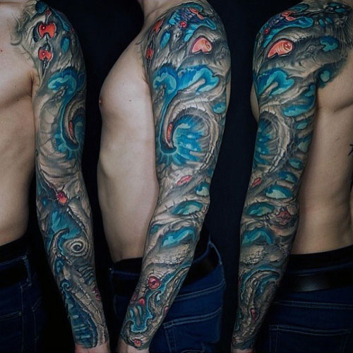 Tatouages ​​uniques colorés de bras complet pour les hommes
